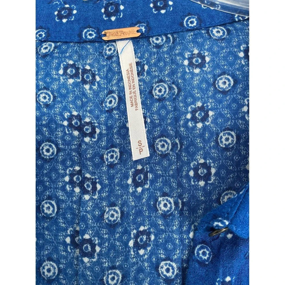 Free People Tunic Top Womens Small Blue Floral Mixed Print Boho Ruffle Sleeve